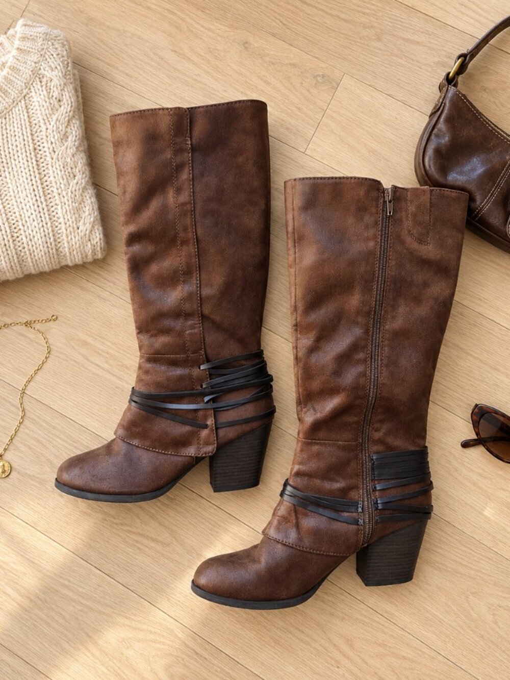 ✨ Fergalicious Lexis Brown Strappy Mid Calf Heeled Boots Wide Calf 9.5 WC✨